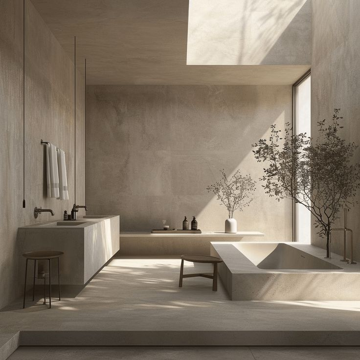 Warm neutral interior with sculptural stone bath and soft daylight.