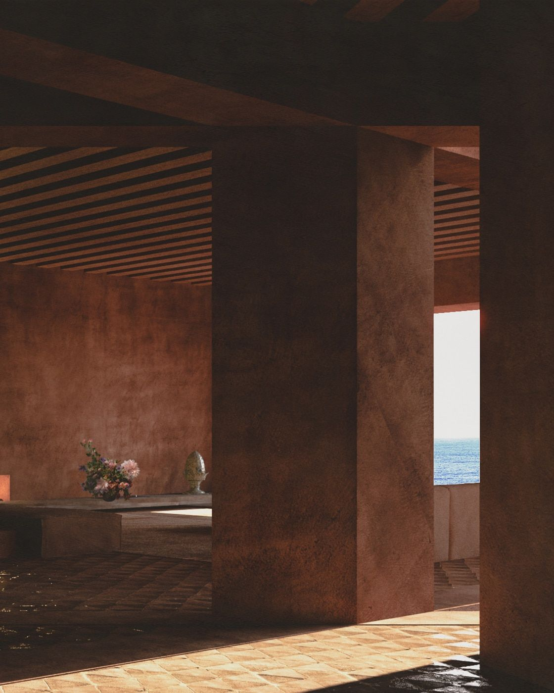 Deep brown interior with stone and timber detailing.