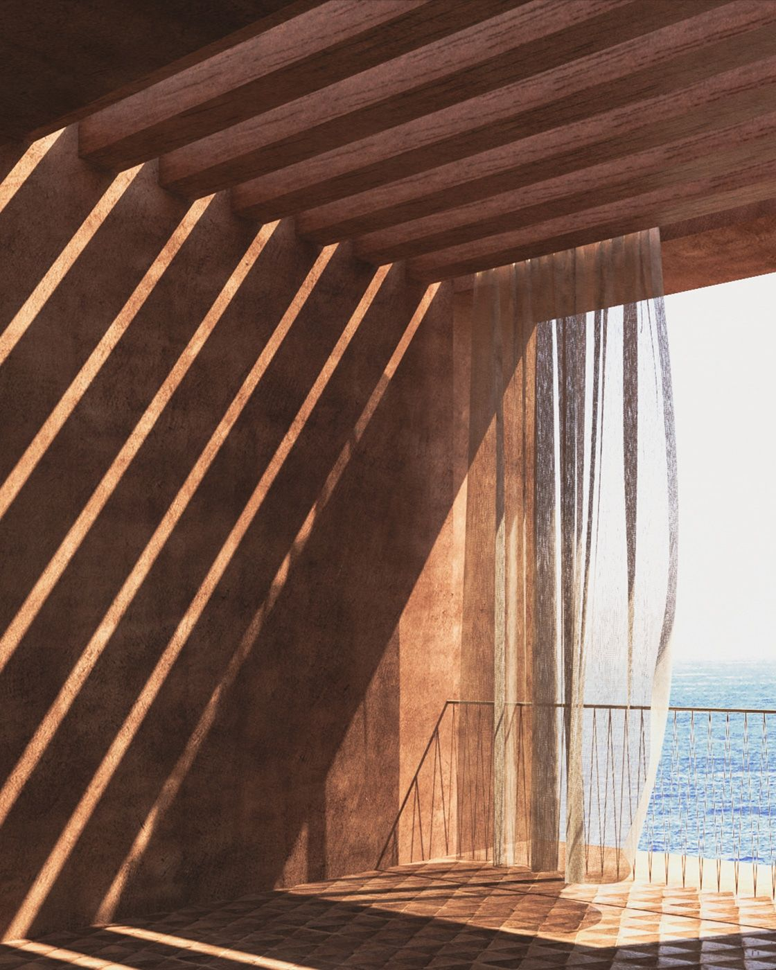 Warm timber slat room with sunlight and drapery.