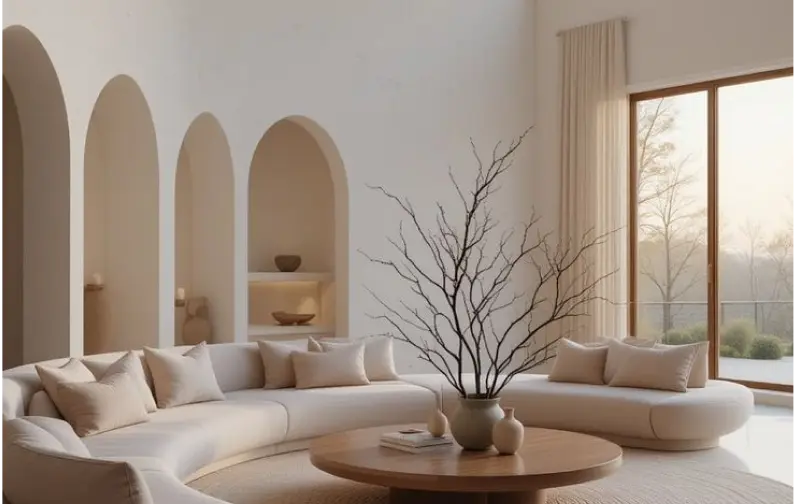 Curved sofa interior with warm neutral tones.